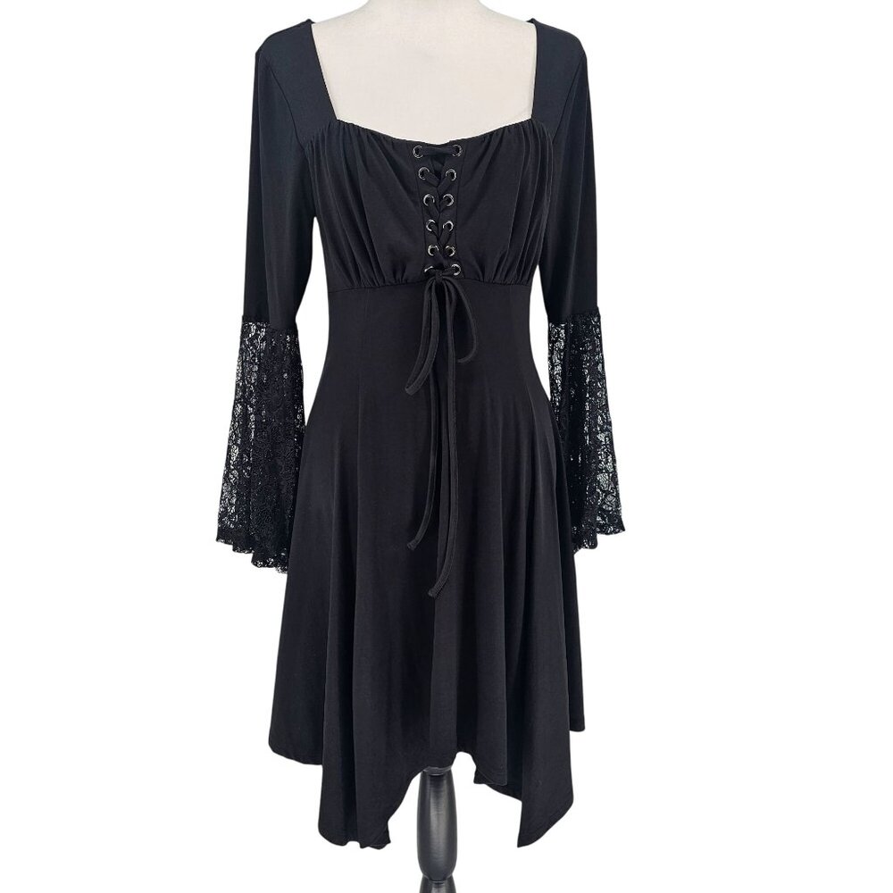 Hot‎ Topic Whimsigoth Black Lace Sleeve Corset Dress M Hanky Fairy Grunge Vamp
